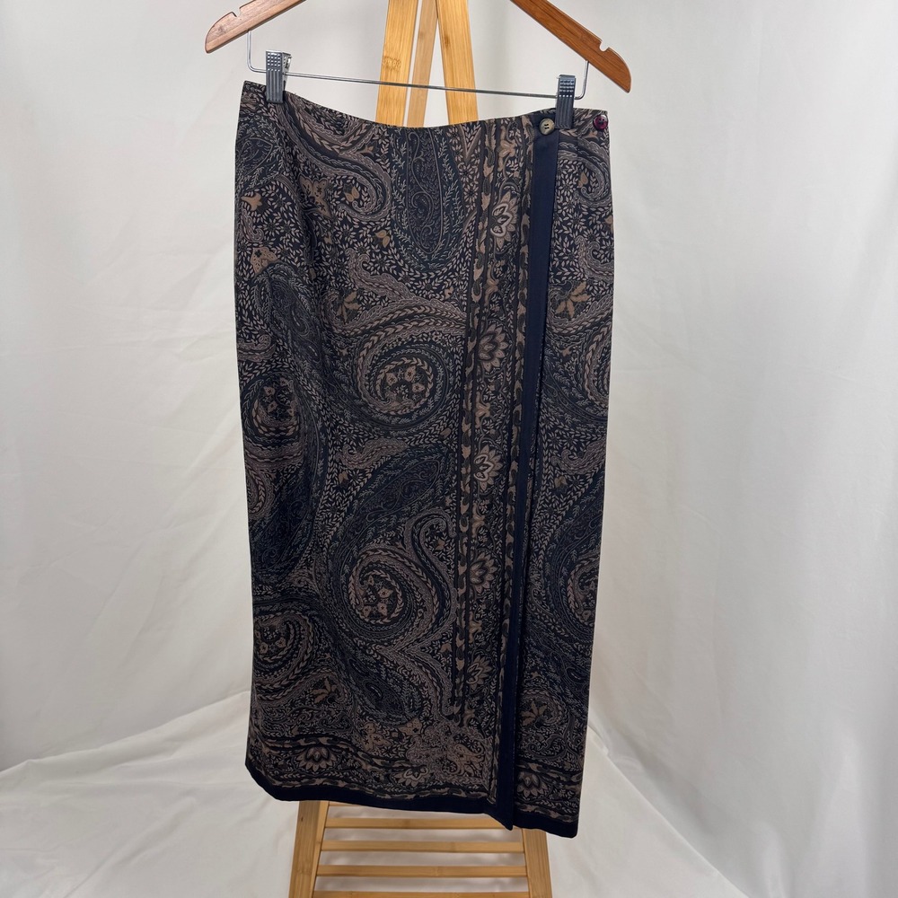 Talbots Maxi Skirt Womens 6 Black Brown Paisley Silk Wool Blend Wrap Look